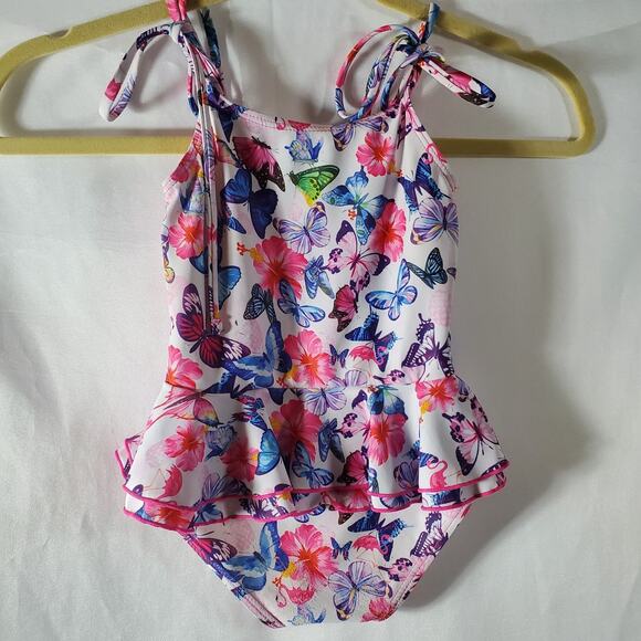 Girls 4T Swimsuit Pink Butterfly Floral Peplum One Piece Bathing Suit Cute - Picture 3 of 9